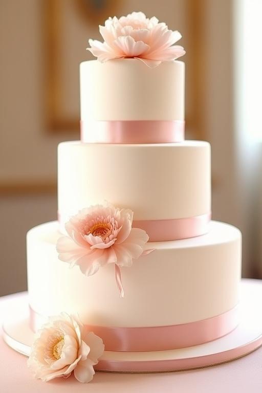 Maestosa torta nuziale a tre piani, decorata con peonie fresche e delicati nastri di seta, che esprime romanticismo e raffinatezza.
